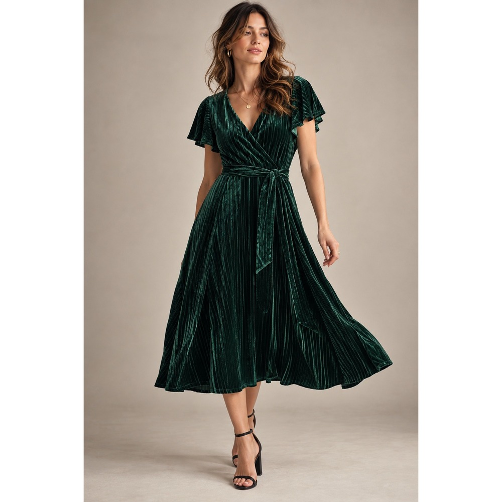 Mod Cloth Emerald Green Burnout Velvet Wrap Midi Dress Holiday Cocktail Wedding